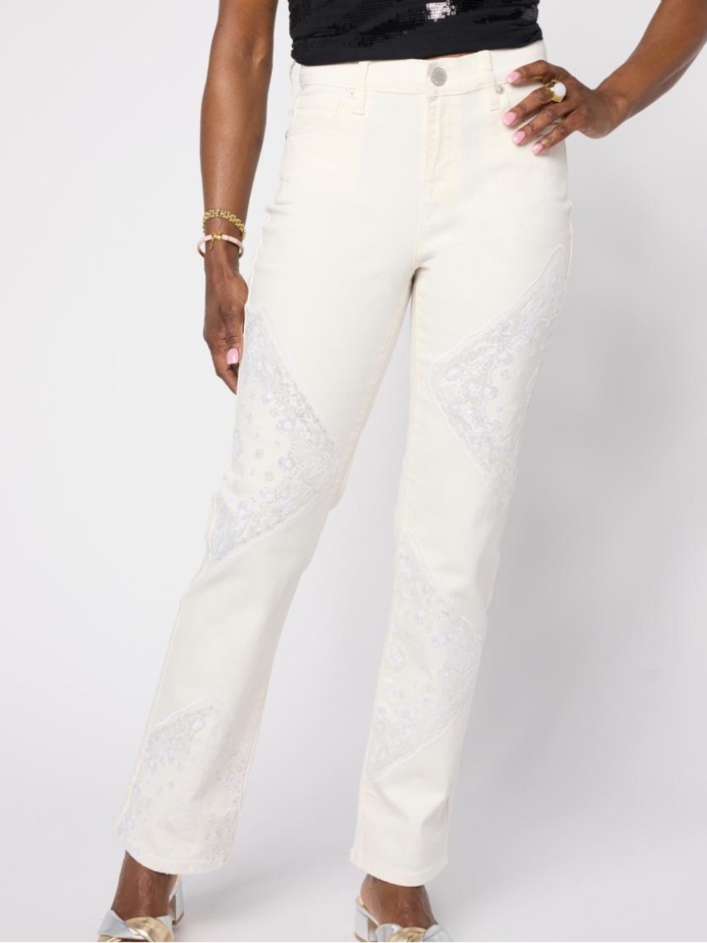 NEW DG2 Diane Gilman Bootcut Jean New Classic Stretch Sequin Ivory Size 14 Tall